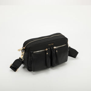 Borsa a tracolla in nylon con tasche in similpelle - Nero | Mimì-Muà Firenze
