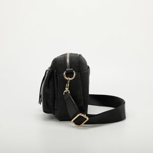 Borsa a tracolla in nylon con tasche in similpelle - Nero | Mimì-Muà Firenze