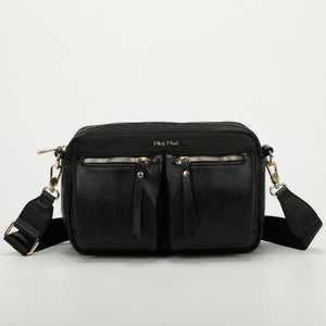 Borsa a tracolla in nylon con tasche in similpelle - Nero | Mimì-Muà Firenze