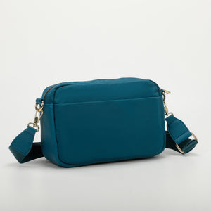 Borsa a tracolla in nylon con tasche in similpelle - Blu ottanio | Mimì-Muà Firenze