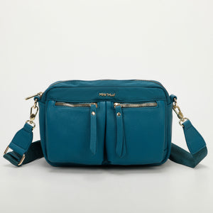 Borsa a tracolla in nylon con tasche in similpelle - Blu ottanio | Mimì-Muà Firenze